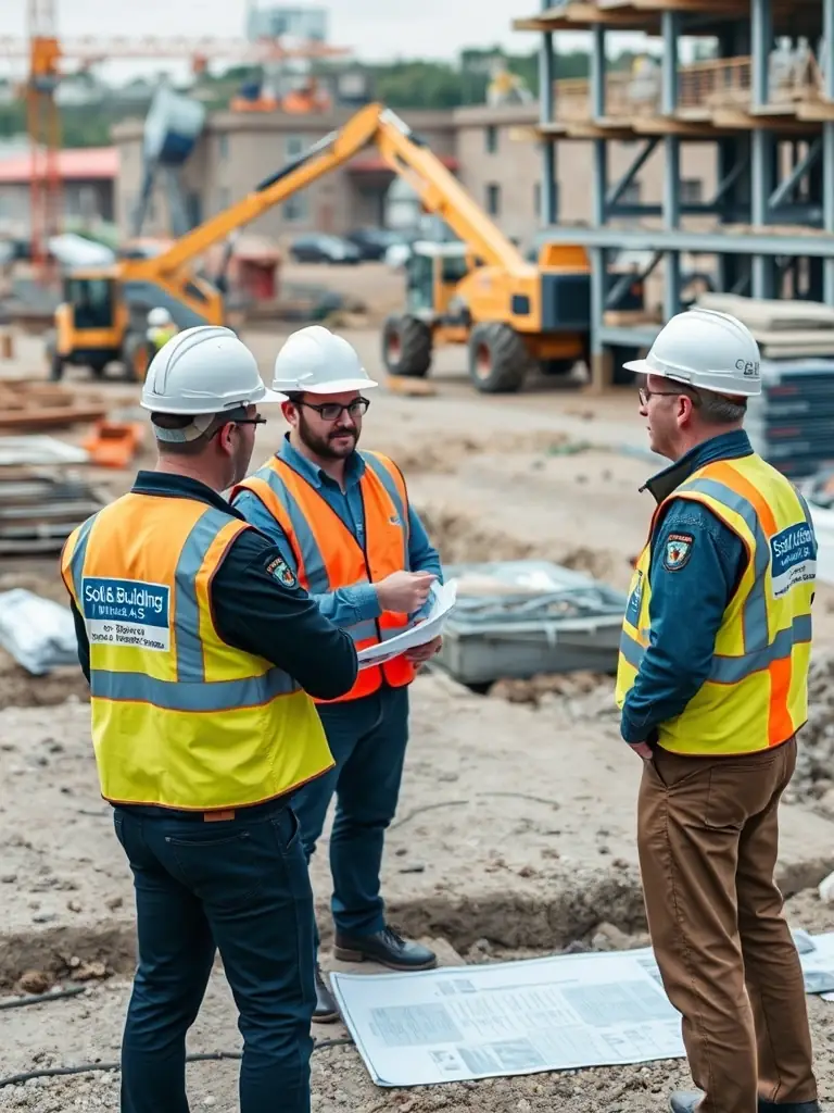 A team of civil engineers inspecting the foundation of a building, showcasing the civil works expertise of ALSAQER ALTHAKI TECHNICAL SERVICES.