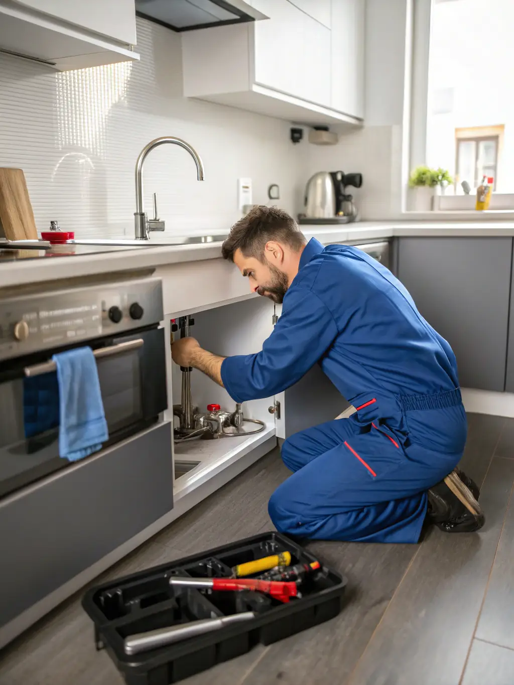 A plumber fixing a pipe under a sink, demonstrating the plumbing services offered by ALSAQER ALTHAKI TECHNICAL SERVICES.