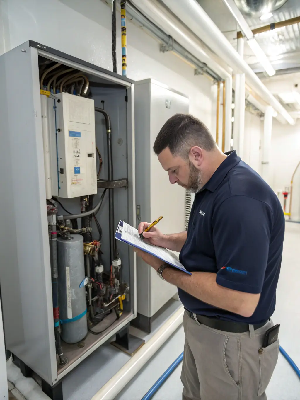 A technician inspecting a complex HVAC system, highlighting the mechanical maintenance capabilities of ALSAQER ALTHAKI TECHNICAL SERVICES.